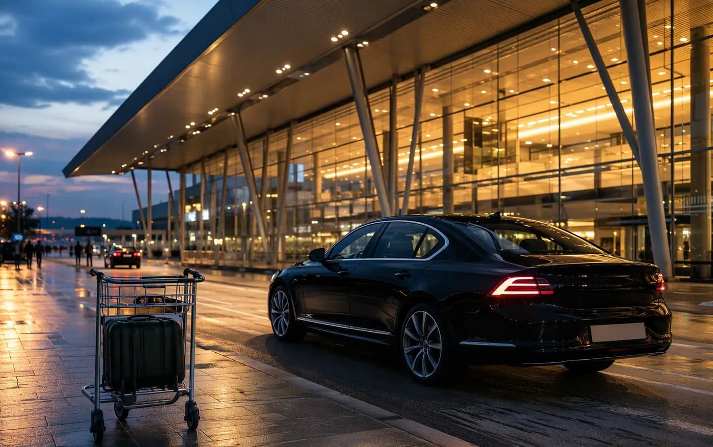 Terminal d'aéroport éclairé à l'aube, silhouettes de voyageurs avec valises