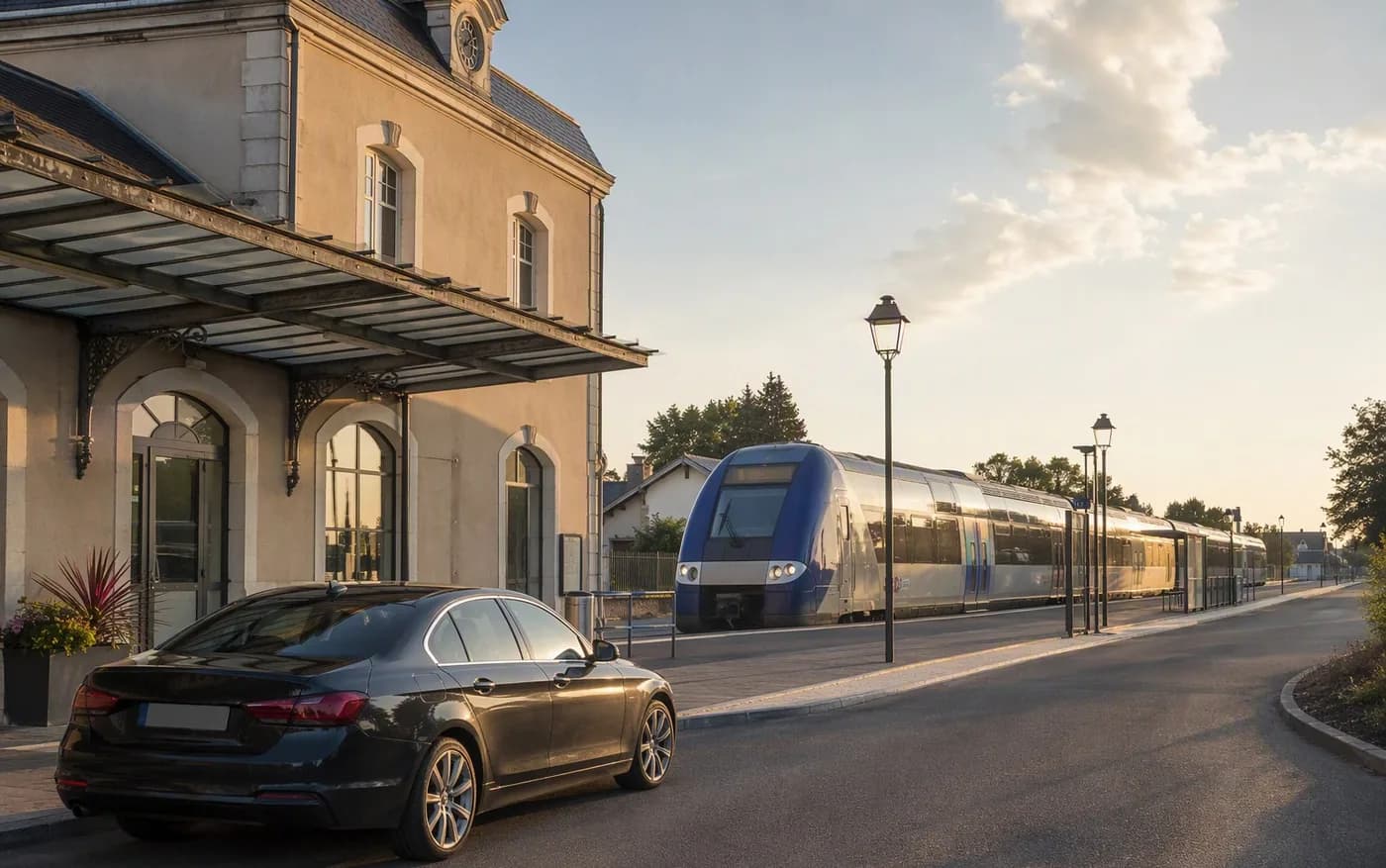 Quai éclairé de la gare de Montargis au crépuscule, un train régional à quai